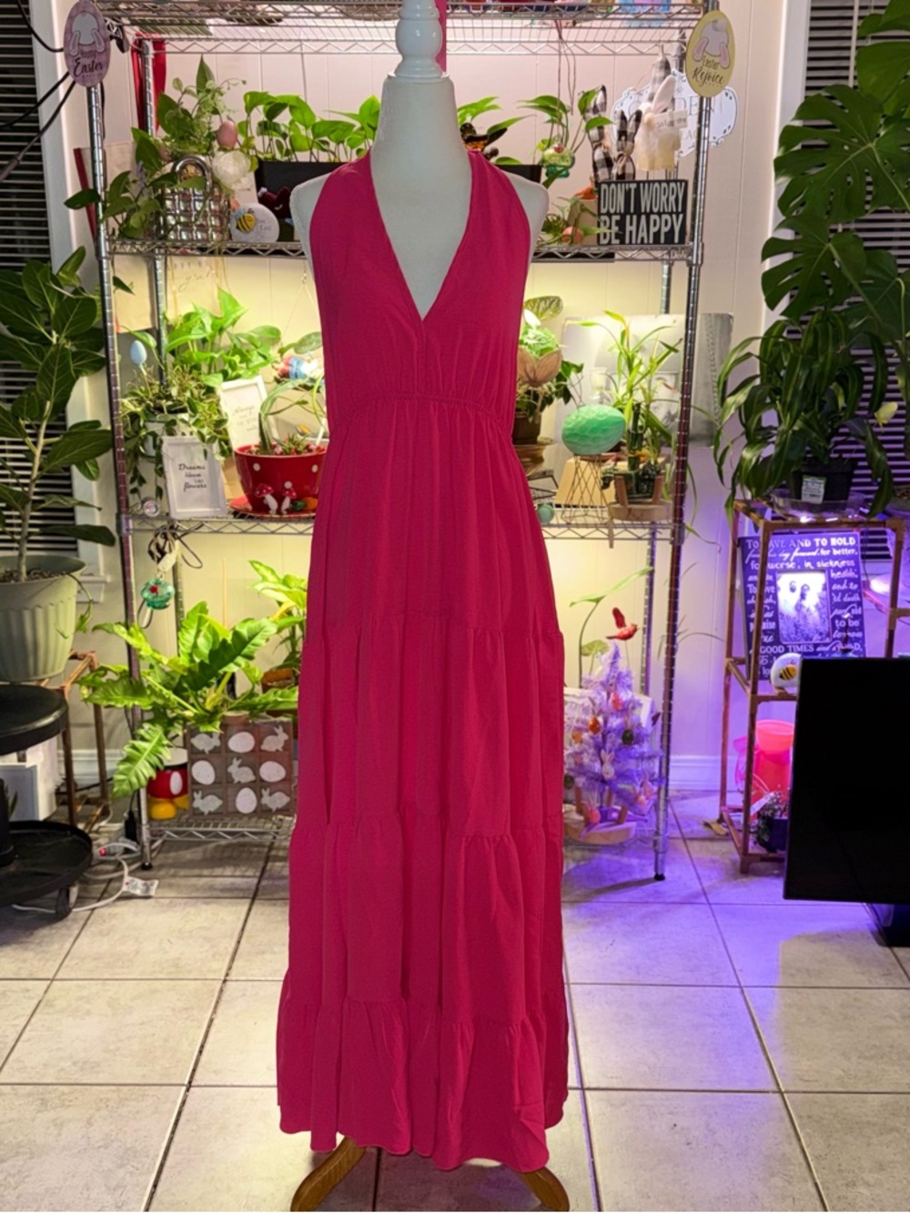 Women’s Sleeveless V-Neck Maxi Dress in Hot Pink